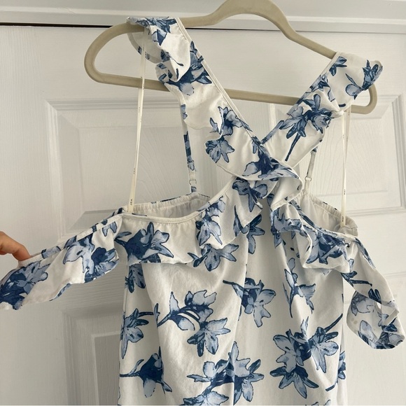 J.O.A. White Blue Floral Ruffle Cotton Cross Cold Shoulder Mini Dress M - Picture 6 of 10